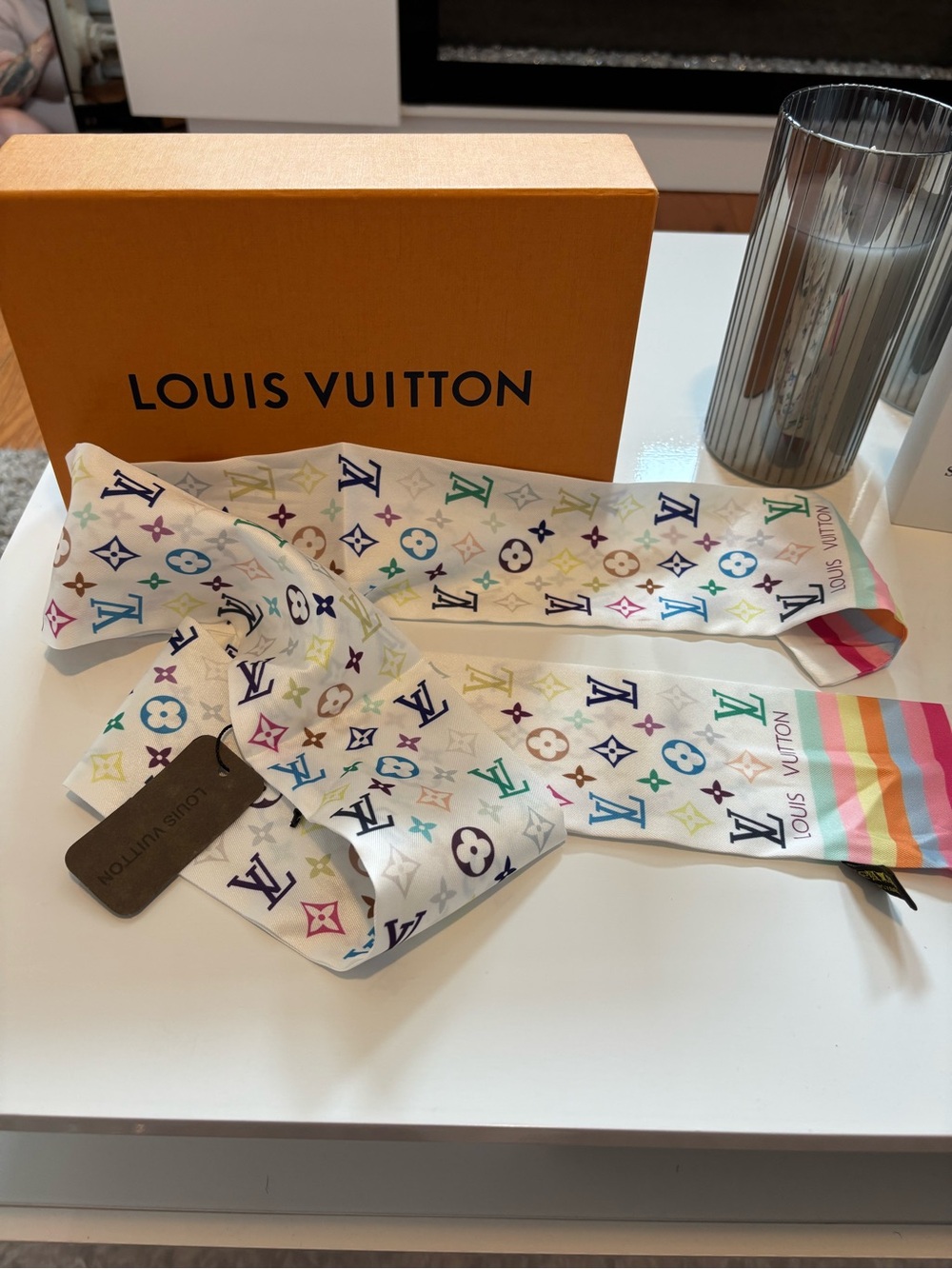 Louis Vuitton White Multicolor Monogram Twilly Scarf